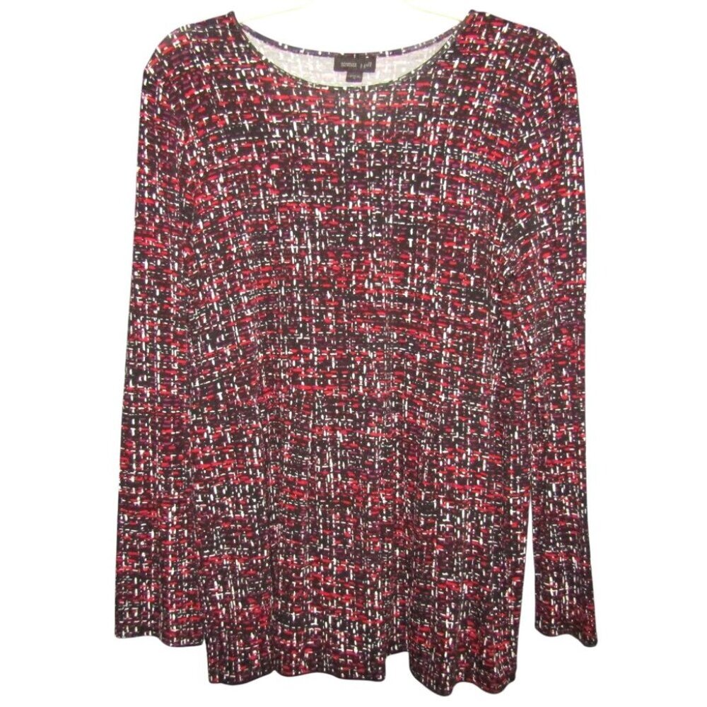 J Jill Wearever Tunic Top Size M Black Red Purple Crosshatch Print Womens Basic